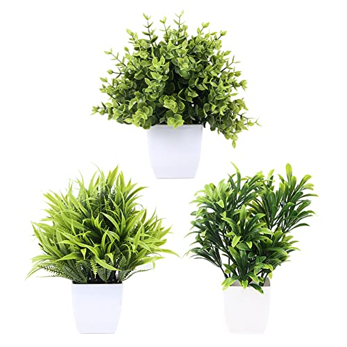 3 Pack Mini-Kunstpflanzen in weißen Töpfen, kleine künstliche Topf-Eukalyptus, Rohan Gras & Frühling Gras für Home Décor, Kunststoff Greenery Pflanzen in Töpfen für Tabletop Büro Bad Küche von Berrywho