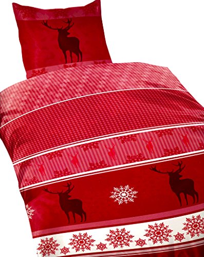2 teilige Thermofleece Bettwäsche 155x220 cm Elch rot Weihnachten Flausch Winter mit Reißverschluss von Bertels