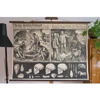 Vintage Schullehrtafel "Altes Paleolithic" Geschichte Des Menschlichen Lebens Auf Der Erde Original Lehrtafel - Lithographie von Berthavintagecharts