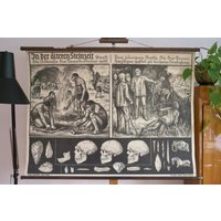 Vintage Schultafel "Old Paleolithic" Geschichte Des Menschlichen Lebens Auf Der Erde Original Lehrtafel - Lithographie von Berthavintagecharts
