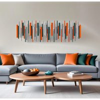 Orange & Teal Holzwandkunst Moderne Kupferakzent-Skulptur von BertiesBlocks