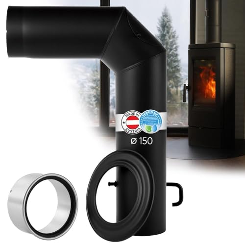 BERTRAMS Winkelbogenset (600x450mm) Ø150mm mit Tür & Drosselklappe Schwarz | Ofenrohr Set mit 90° Winkel, Doppelwandfutter & Rosette | Feuerrohr Stahlblech 2mm & Senotherm UHT-Hydro | Made in Austria von Bertrams