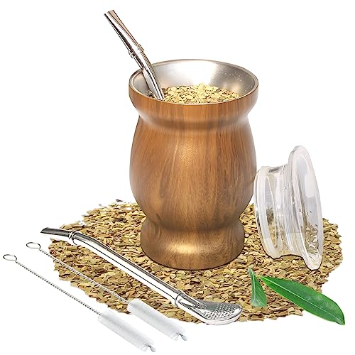 Yerba Mate Tee Set (Mate Becher), Edelstahl-Teetassen-Set mit einem multifunktionalen Deckel, zwei Trinkhalmen und Reinigungsbürsten, Wärmeisolierung, Verbrühungsschutz (braun) von Beruth