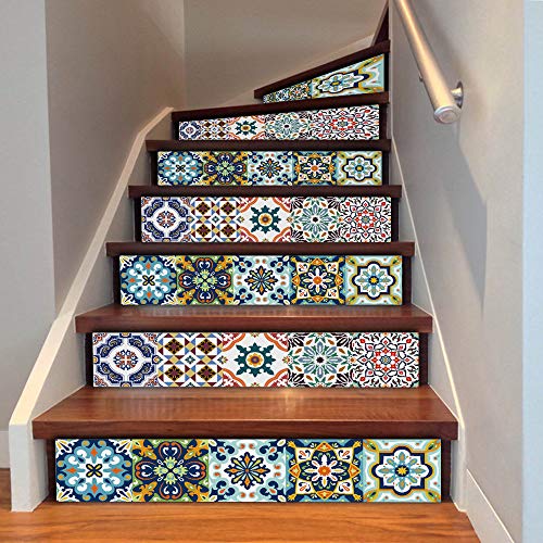 Beruyu 6 Stück Selbstklebende Treppe Aufkleber, wasserdichte Treppenstufen-Aufkleber, Vinyl Fliesenaufkleber für Stufen Heimdekoration und Möbelrenovierung, 100 x 18 cm (Bunt) von Beruyu