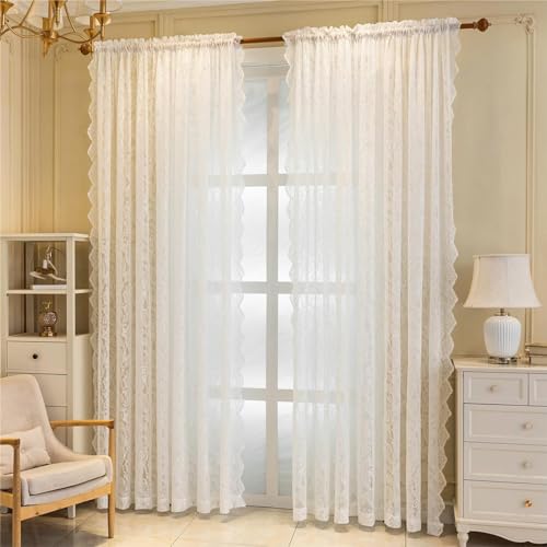 Beruyu Vorhang Weiß Voile Gardinen mit Blumen Stickerei Elegante Spitze Vorhang mit Stangentaschen Weiss Transparent Gardinen für Wohnzimmer Schlafzimmer Küche 2er Set (B140 x H200 cm) von Beruyu