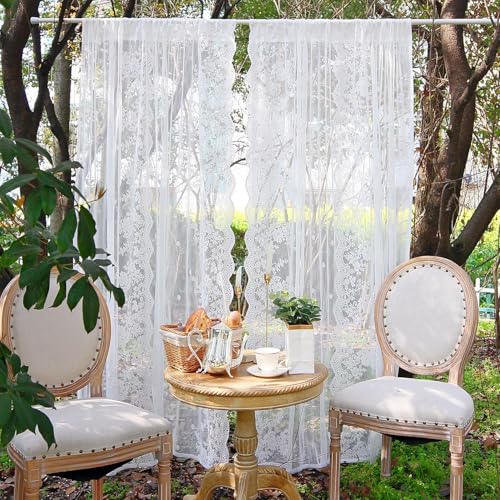 Beruyu Weiß Gardinen Blumen Stickerei Boho Spitze Vorhang Transparent Voile Vorhänge mit Stangentaschen für Wohnzimmer Schlafzimmer Küche, 2er Set (H200 x B140 cm) von Beruyu
