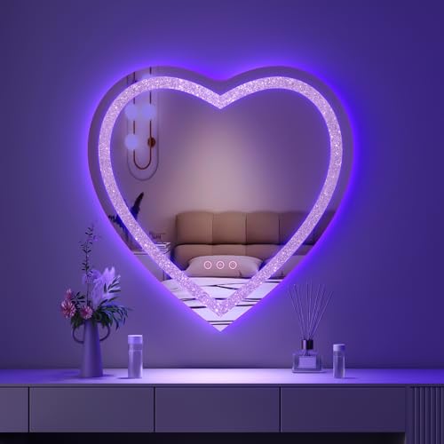 LED Spiegel für Badezimmer Crushed Diamond 24 Zoll x 24 Zoll, Herz geformte Front Lit Wall Mounted LED Vanity Spiegel mit 3 Farben, Stepless Dimmbar, Memory, Smart Touch und Shatter-Proof von BesMirror