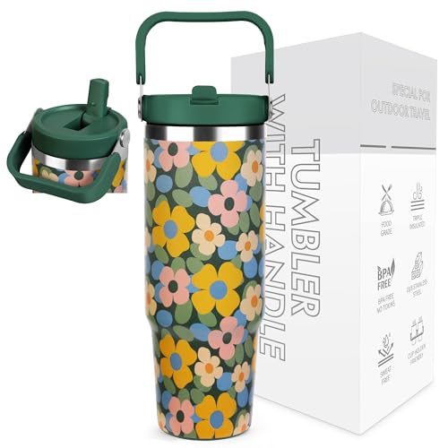BesWin Thermobecher 30oz Edelstahl Trinkflasche mit Strohhalm - 0.89 Liter Trinkbecher mit Henkel auslaufsicher - Flip Straw Tumbler - Doppelwandige Vakuumisolierung - Blühende Sträucher BesWin Thermobecher 30oz Edelstahl Trinkflasche mit Strohhalm - 0.89 Liter Trinkbecher mit Henkel auslaufsicher - Flip Straw Tumbler - Doppelwandige Vakuumisolierung - Blühende Sträucher von BesWin