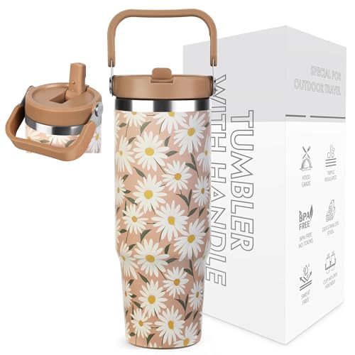 BesWin Thermobecher 30oz Edelstahl Trinkflasche mit Strohhalm - 0.89 Liter Trinkbecher mit Henkel auslaufsicher - Flip Straw Tumbler - Doppelwandige Vakuumisolierung - Gelbes Gänseblümchen BesWin Thermobecher 30oz Edelstahl Trinkflasche mit Strohhalm - 0.89 Liter Trinkbecher mit Henkel auslaufsicher - Flip Straw Tumbler - Doppelwandige Vakuumisolierung - Gelbes Gänseblümchen von BesWin