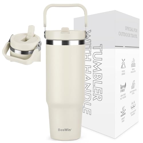 BesWin Thermobecher 30oz Edelstahl Trinkflasche mit Strohhalm - 0.89 Liter Trinkbecher mit Henkel auslaufsicher - Flip Straw Tumbler - Doppelwandige Vakuumisolierung - Hält 10+ Stunden Kalt - Beige BesWin Thermobecher 30oz Edelstahl Trinkflasche mit Strohhalm - 0.89 Liter Trinkbecher mit Henkel auslaufsicher - Flip Straw Tumbler - Doppelwandige Vakuumisolierung - Hält 10+ Stunden Kalt - Beige von BesWin