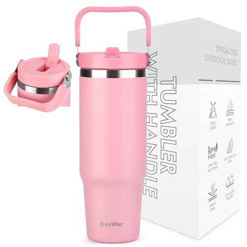 BesWin Thermobecher 30oz Edelstahl Trinkflasche mit Strohhalm - 0.89 Liter Trinkbecher mit Henkel auslaufsicher - Flip Straw Tumbler - Doppelwandige Vakuumisolierung - Hält 10+ Stunden Kalt - Rosa von BesWin