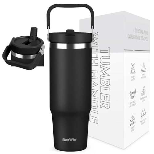 BesWin Thermobecher 30oz Edelstahl Trinkflasche mit Strohhalm - 0.89 Liter Trinkbecher mit Henkel auslaufsicher - Flip Straw Tumbler - Doppelwandige Vakuumisolierung - Hält 10+ Stunden Kalt - Schwarz BesWin Thermobecher 30oz Edelstahl Trinkflasche mit Strohhalm - 0.89 Liter Trinkbecher mit Henkel auslaufsicher - Flip Straw Tumbler - Doppelwandige Vakuumisolierung - Hält 10+ Stunden Kalt - Schwarz von BesWin