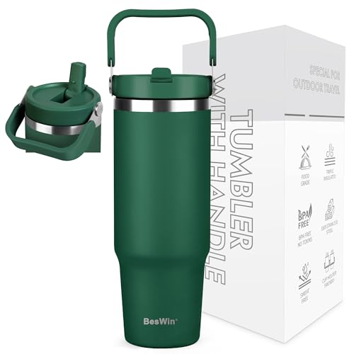 BesWin Thermobecher 30oz Edelstahl Trinkflasche mit Strohhalm - 0.89 Liter Trinkbecher mit Henkel auslaufsicher - Flip Straw Tumbler - Doppelwandige Vakuumisolierung - Hält 10+ Stunden Kalt - Wald BesWin Thermobecher 30oz Edelstahl Trinkflasche mit Strohhalm - 0.89 Liter Trinkbecher mit Henkel auslaufsicher - Flip Straw Tumbler - Doppelwandige Vakuumisolierung - Hält 10+ Stunden Kalt - Wald von BesWin