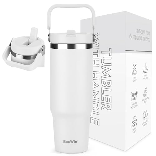 BesWin Thermobecher 30oz Edelstahl Trinkflasche mit Strohhalm - 0.89 Liter Trinkbecher mit Henkel auslaufsicher - Flip Straw Tumbler - Doppelwandige Vakuumisolierung - Hält 10+ Stunden Kalt - Weiß BesWin Thermobecher 30oz Edelstahl Trinkflasche mit Strohhalm - 0.89 Liter Trinkbecher mit Henkel auslaufsicher - Flip Straw Tumbler - Doppelwandige Vakuumisolierung - Hält 10+ Stunden Kalt - Weiß von BesWin