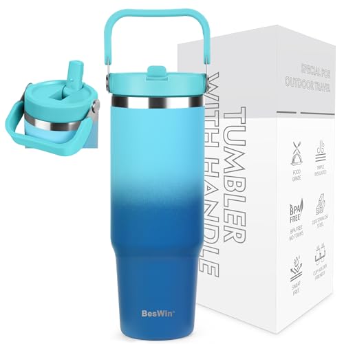 BesWin Thermobecher 30oz Edelstahl Trinkflasche mit Strohhalm - 0.89 Liter Trinkbecher mit Henkel auslaufsicher - Flip Straw Tumbler - Doppelwandige Vakuumisolierung - Hell&Tiefblau von BesWin