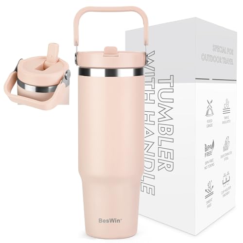 BesWin Thermobecher 30oz Edelstahl Trinkflasche mit Strohhalm - 0.89 Liter Trinkbecher mit Henkel auslaufsicher - Flip Straw Tumbler - Doppelwandige Vakuumisolierung - Rosenquarz von BesWin