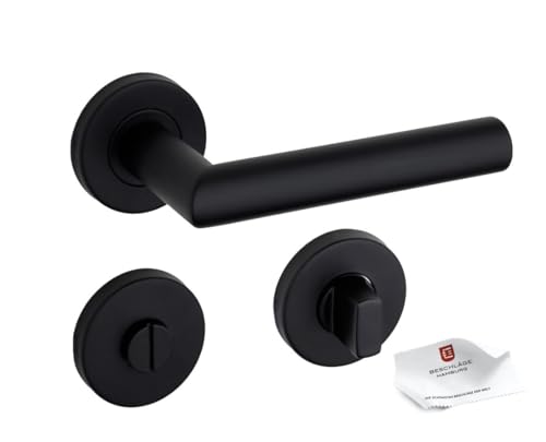 Beschläge Hamburg | Neu Türgriff FRANKFURT 07 SM WC | Türklinke mit WC/Bad Rosetten Verriegelung ø53x9 mm | Türbeschlag für Toiletten Zimmertüren | Türdrücker für Innentüren in Edelstahl schwarz matt von Beschläge Hamburg