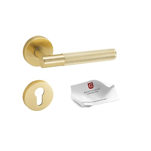 Beschläge Hamburg | Türgriff Türbeschlag MUNICH-X 07 MM PZ | Profilzylinder Türklinke mit Gitternetzstruktur für Innentüren | Karomuster Drückergarnitur | ø51x10mm | Türdrücker in messingfarben matt von Beschläge Hamburg