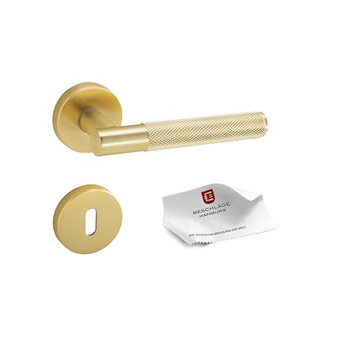 Beschläge Hamburg | Türgriffe Türbeschlag MUNICH-X 07 MM BB | Buntbart Türklinke mit Gitternetzstruktur für Innentüren | Karomuster Drückergarnitur | ø51x10 mm | Türdrücker | in messingfarben matt von Beschläge Hamburg