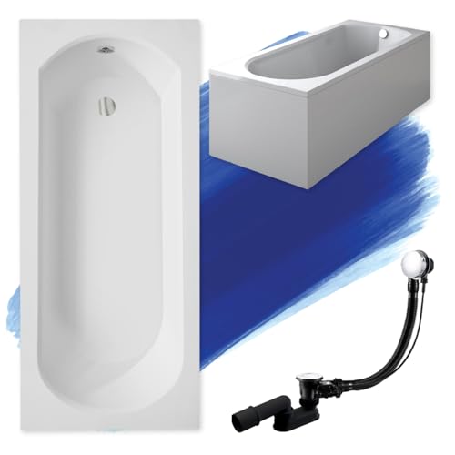 BADLAND Badewanne Original Weiß Acryl Wanne Rechteck INTRICA 170x75 KOMPLETTSET SET mit Weiß Acrylschürze + Füßen und Exklusive Chrom Automatik Ablaufgarnitur Made in EU 4in1 von Besco