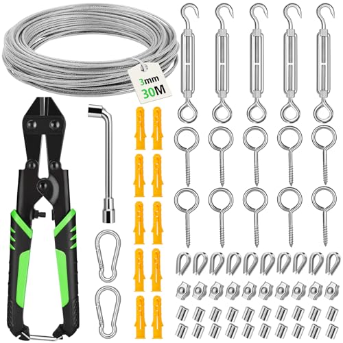 Besdiyart 70 Stück Stahlseil Set, 30M 3mm Drahtseil PVC beschichtetes 304 Edelstahlseil mit Drahtseilschneider, Drahtseilspanner Set mit Ösen Seilspanner zum Aufhängen von Besdiyart