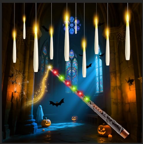 Besight 10 Stück LED Schwebende Kerzen mit Zauberstab Fernsteuerung, 2 Timer Funktionen, Batteriebetrieben, LED Hängende Flackernde Floating Candles für Halloween Deko Weihnachtsdekoration von Besight