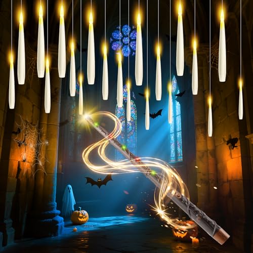 Besight 20 Stück LED Schwebende Kerzen mit Zauberstab Fernsteuerung, 2 Timer Funktionen, Batteriebetrieben, LED Hängende Flackernde Floating Candles für Halloween Deko Weihnachtsdekoration von Besight