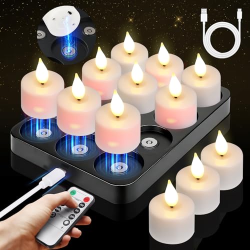 Besight LED Teelichter Wiederaufladbar mit Magnetischer Ladestation, 12er Set Flackernde LED Kerzen mit Timer & 2 Fernbedienungen, Ideal für Weihnachten Halloween Tisch Party Wohnzimmer Zimmer Deko von Besight