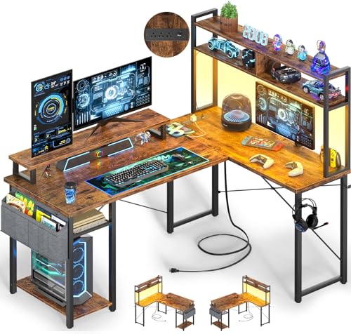 Besiost - Kleiner L-förmiger Gaming-Computer mit Steckdosen, 48 Zoll wendbarer L-förmiger LED-Computer mit Monitorständer und Aufbewahrungsregal, von Besiost