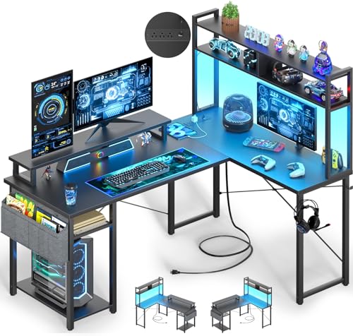 Besiost Kleiner L-förmiger Gaming-Schreibtisch mit Steckdosen, L-förmiger Reversibler Computertisch mit Monitorständer und Aufbewahrungsregal, Eckschreibtisch für Home Gamer von Besiost