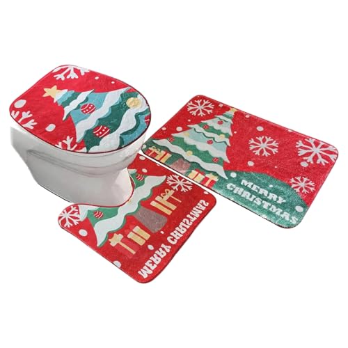 Besreey Weihnachts Badezimmer Teppich Set,Toilettensitzbezug Weihnachtsmatte - rutschfeste Bodenmatten Für Haus Wohnung Hotel Hostel Ferienhaus Winterurlaub von Besreey