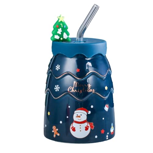 Besreey Weihnachtskaffeetassen - Wasserbecher Tassen Tee Kaffee Keramik mit Strohhalm und Deckel | 450 ml Kinder-Kaffeetasse, Teetasse, Weihnachtsbaum-Schneeflocken-Elch-Design, Weihnachtsgeschenk von Besreey