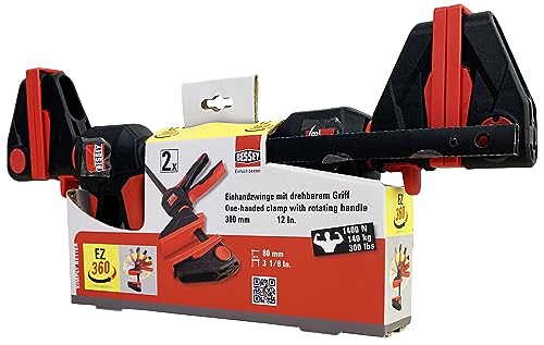 BESSEY 2x Einhandzwinge mit drehbarem Griff EZ360-SET, Spannweite 300 mm Ausladung 80 mm, einfaches Überkopfarbeiten, Innovativer 360° Dreh-Mechanismus von Bessey