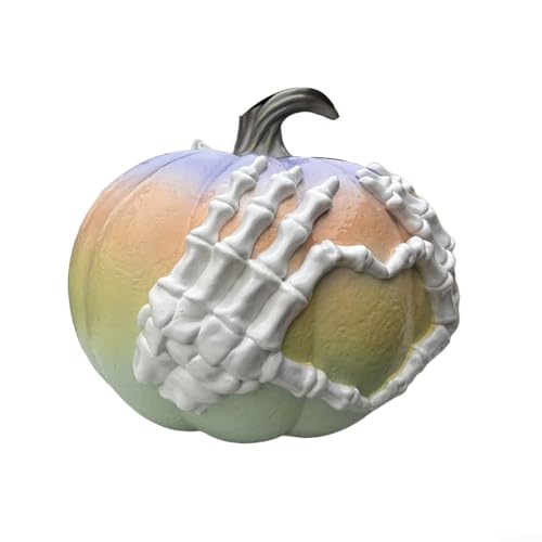 Besshepplo Halloween-Dekoration mit Totenkopf und Kürbis aus Kunstharz, mit herzförmigem Skelett, Gothic, modern, für Partys, Feiern, 23 x 21 cm, Regal oder Tischdisplay (gelb) von Besshepplo