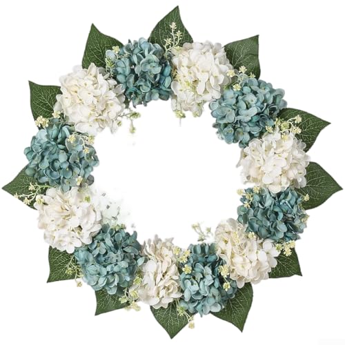 Besshepplo Halloween Dekorativer Türkranz mit künstlichen Blumen Hortensien Hello Türhänger für Fotografie Einzelhandel Displays Kunststoff (blau und weiß) von Besshepplo