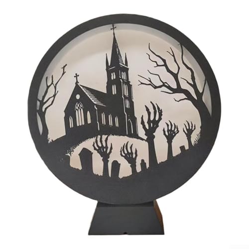 Besshepplo Halloween-Kerzenhalter aus Holz, leuchtende Projektion, Ornamente, lustig, lustig, elektronisch, für den Schreibtisch, für gruselige Heimdekoration, 25 x 20 cm (Ghosthand Church) von Besshepplo
