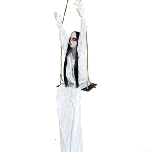 Besshepplo Halloween-Requisite für schwingende Mädchen mit leuchtenden Augen und bewegungsaktiviertem Ton, hängende Spukhaus-Dekoration für drinnen und draußen, Party-Dekoration mit 73 cm (weiß) von Besshepplo