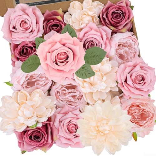 Besshepplo Künstliche Seidenrosen, Blumenkasten-Set mit Stielen für Hochzeitsstrauß, DIY-Blumenarrangements, Heim-Party-Dekoration, Mittelstück, Rosa (A) von Besshepplo