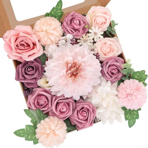 Besshepplo Künstliche Seidenrosen, Blumenkasten-Set mit Stielen für Hochzeitsstrauß, DIY-Blumenarrangements, Heim-Party-Dekoration, Tafelaufsatz, Rosa (D) von Besshepplo