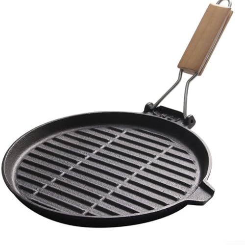 Gusseisen-Pfanne mit klappbarem Griff und geripptem Grill, entworfen mit Saftrand, um Unordnung zu vermeiden, und Haken zum einfachen Aufhängen Gusseisen-Pfanne mit klappbarem Griff und geripptem Grill, entworfen mit Saftrand, um Unordnung zu vermeiden, und Haken zum einfachen Aufhängen von Besshepplo