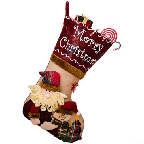 Weihnachtsstrümpfe für Kinder mit Cartoon-Weihnachtsmann-Schneemann-Elchmustern, Polyestergewebe für dauerhaften Gebrauch, große Größe, geeignet zum Aufhängen an Kaminsims oder Türen (Seniorenmodell) von Besshepplo