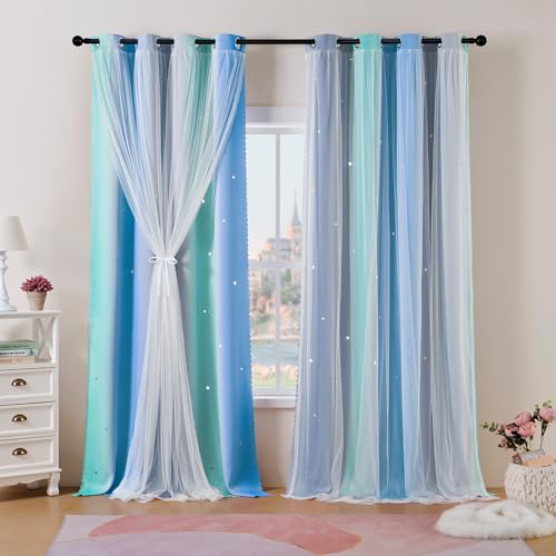 Best Baisite Gardinen Kinderzimmer 2er Set Verdunklungsvorhänge H 200 X B 132cm Doppellagige Vorhänge mit Hohlen Sternen Kinder Mädchen Baby Ösenschal Ösenvorhange Dekoration von Best Baisite