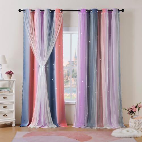 Best Baisite Gardinen Kinderzimmer 2er Set Verdunklungsvorhänge H 225 X B 132cm Doppellagige Vorhänge mit Hohlen Sternen Kinder Mädchen Baby Ösenschal Ösenvorhange Dekoration von Best Baisite