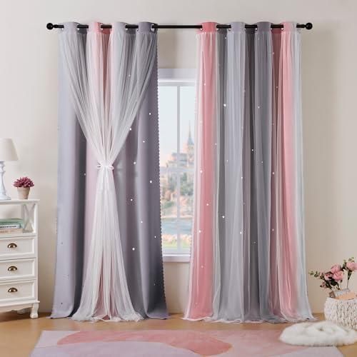 Best Baisite Gardinen Kinderzimmer 2er Set Verdunklungsvorhänge H 225 X B 132cm Doppellagige Vorhänge mit Hohlen Sternen Kinder Mädchen Baby Ösenschal Ösenvorhange Dekoration von Best Baisite