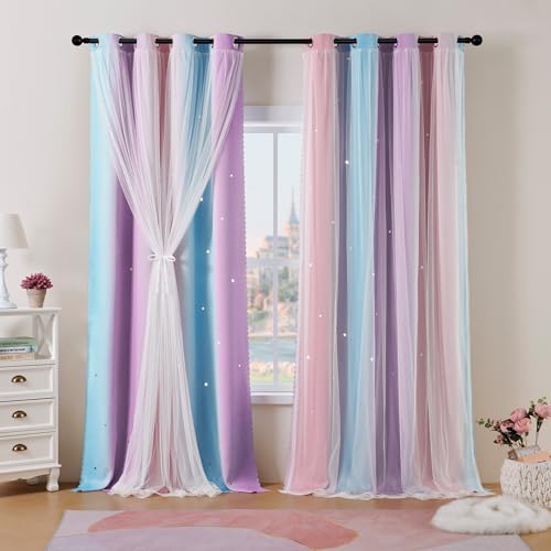 Best Baisite Gardinen Kinderzimmer 2er Set Verdunklungsvorhänge Doppellagige Vorhänge mit Hohlen Sternen Kinder Mädchen Baby Ösenschal Ösenvorhange Dekoration.D/PinkBluePurp132/175 von Best Baisite