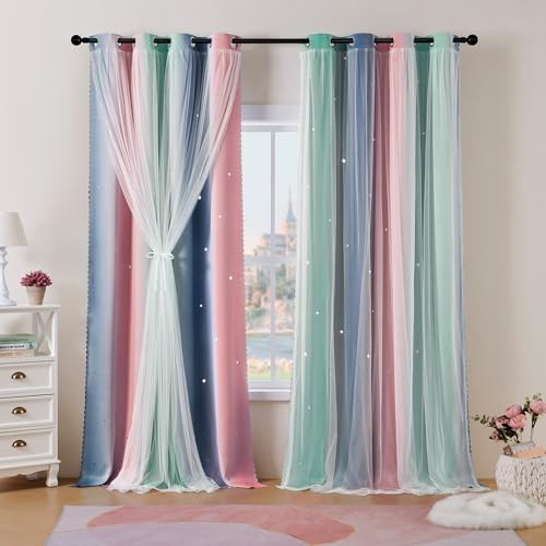 Best Baisite Gardinen Kinderzimmer 2er Set Verdunklungsvorhänge H 175 X B 132cm Doppellagige Vorhänge mit Hohlen Sternen Kinder Mädchen Baby Ösenschal Ösenvorhange Dekoration von Best Baisite