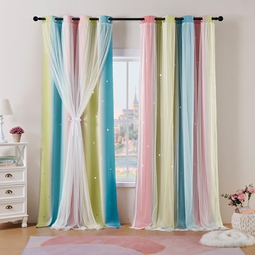 Best Baisite Gardinen Kinderzimmer 2er Set Verdunklungsvorhänge H 175 X B 132cm Doppellagige Vorhänge mit Hohlen Sternen Kinder Mädchen Baby Ösenschal Ösenvorhange Dekoration von Best Baisite