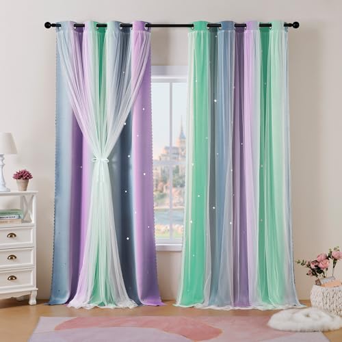 Best Baisite Gardinen Kinderzimmer 2er Set Verdunklungsvorhänge H 225 X B 132cm Doppellagige Vorhänge mit Hohlen Sternen Kinder Mädchen Baby Ösenschal Ösenvorhange Dekoration von Best Baisite