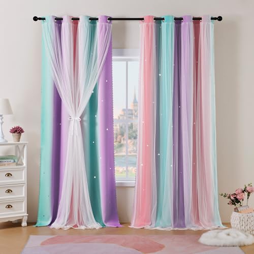 Best Baisite Gardinen Kinderzimmer 2er Set Verdunklungsvorhänge H 225 X B 132cm Doppellagige Vorhänge mit Hohlen Sternen Kinder Mädchen Baby Ösenschal Ösenvorhange Dekoration von Best Baisite