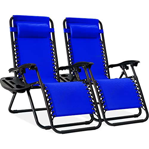Best Choice Products Set mit 2 verstellbaren Liegestuhlen aus Stahlgeflecht, mit Kissen und Getränkehaltern, Kobaltblau von Best Choice Products
